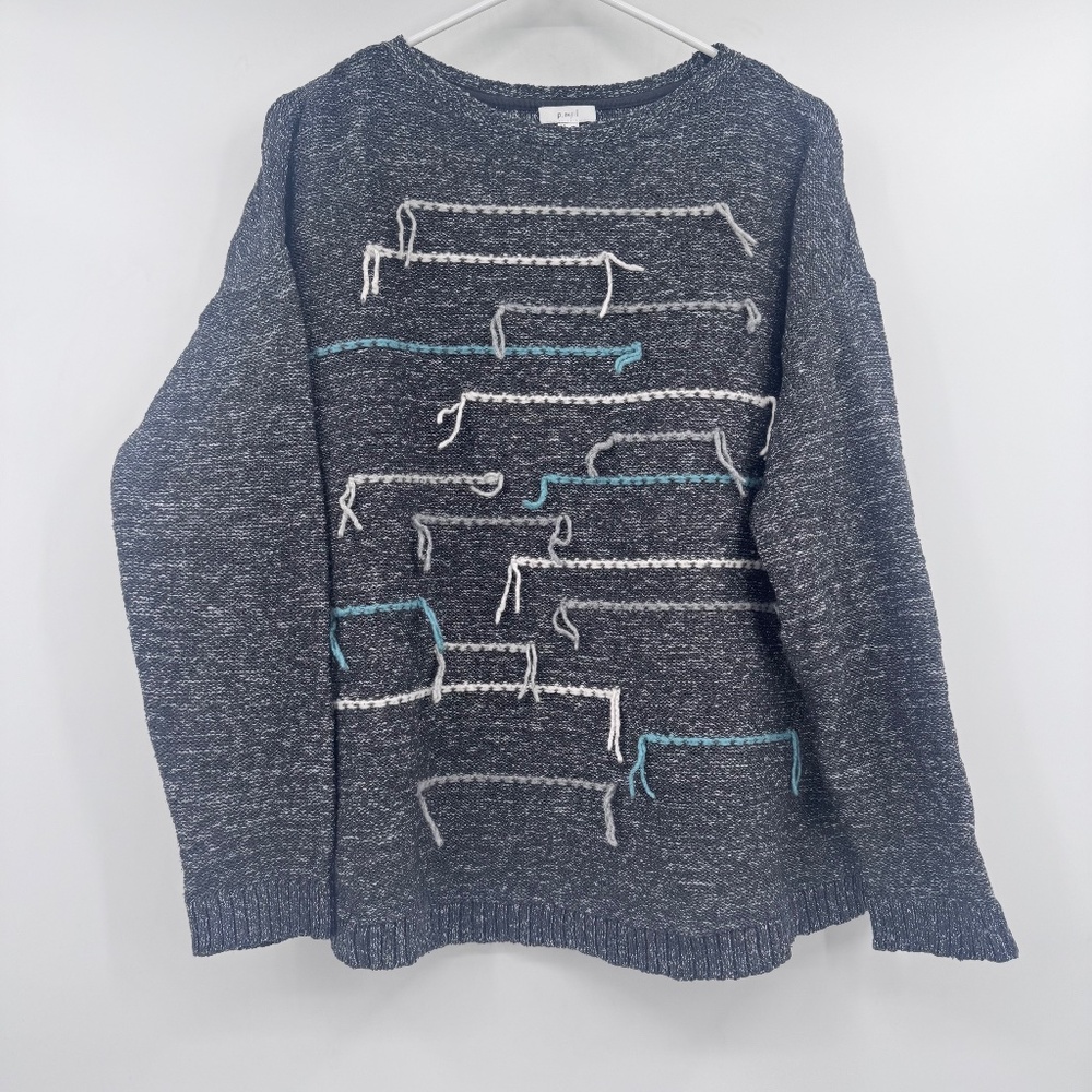 J Jill Pure Jill Sweater Women Medium Marled Gray Fringe Knit Pullover Oversized